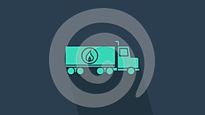 Turquoise Tanker truck icon isolated on blue background. Petroleum tanker, petrol truck, cistern, oil trailer. 4K Video