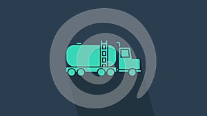 Turquoise Tanker truck icon isolated on blue background. Petroleum tanker, petrol truck, cistern, oil trailer. 4K Video