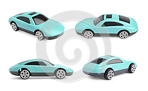 Turquoise toy car isolated on white, different sides