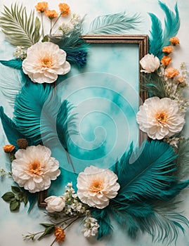 Turquoise Tranquility Background: Floral, pastel and feather Frame