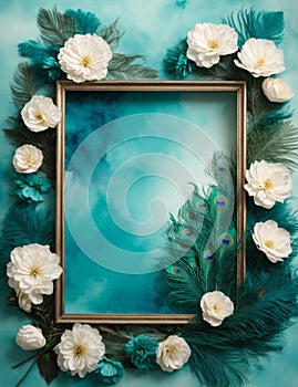 Turquoise Tranquility Background: Floral and Peacock Feathers Frame