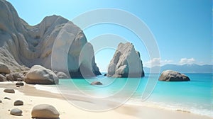 Turquoise Tranquility: Pristine Sandy Beach with Azure Waters, Rocky Outcroppings, and Distant Mountain Views Under a Clear Sky (G photo