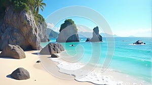 Turquoise Tranquility: Pristine Sandy Beach with Azure Waters, Rocky Outcroppings, and Distant Mountain Views Under a Clear Sky (G photo