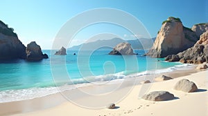 Turquoise Tranquility: Pristine Sandy Beach with Azure Waters, Rocky Outcroppings, and Distant Mountain Views Under a Clear Sky (G photo