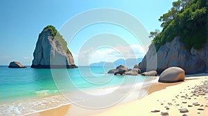 Turquoise Tranquility: Pristine Sandy Beach with Azure Waters, Rocky Outcroppings, and Distant Mountain Views Under a Clear Sky (G photo