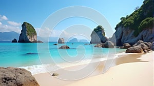 Turquoise Tranquility: Pristine Sandy Beach with Azure Waters, Rocky Outcroppings, and Distant Mountain Views Under a Clear Sky (G photo