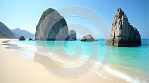 Turquoise Tranquility: Pristine Sandy Beach with Azure Waters, Rocky Outcroppings, and Distant Mountain Views Under a Clear Sky (G photo