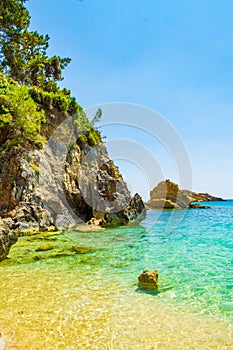 Turquoise transparent waters of Platis Gialos Beach Kefalonia island Greece