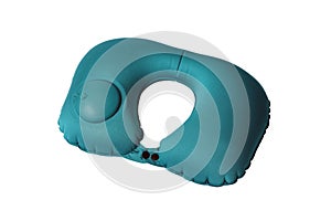 Turquoise travel neck pillow with air valve isolated on white