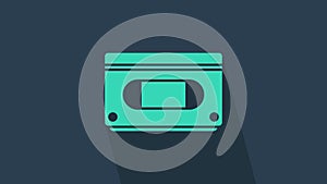 Turquoise VHS video cassette tape icon isolated on blue background. 4K Video motion graphic animation