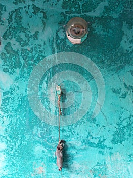 Turquoise wall with a light bulb and a voodoo doll