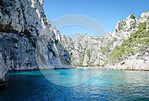 Turquoise water of Calanque d`En Vau, near Cassis, Marseille, France