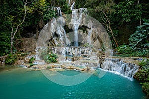 Turquoise water of Kuang Si waterfall, Luang Prabang, Laos. Tropical rainforest. The beauty of nature