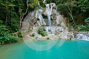 Turquoise water of Kuang Si waterfall, Luang Prabang, Laos. Tropical rainforest. The beauty of nature