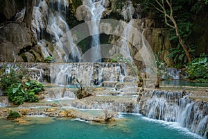 Turquoise water of Kuang Si waterfall, Luang Prabang, Laos. Tropical rainforest. The beauty of nature