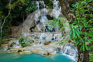 Turquoise water of Kuang Si waterfall, Luang Prabang, Laos. Tropical rainforest. The beauty of nature