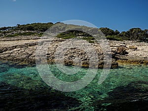 turquoise water paradise lagoon in Archipelago - Islands of the Kornati archipelago panorama landscape of national park in Croatia