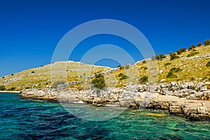 turquoise water paradise lagoon in Archipelago - Islands of the Kornati archipelago panorama landscape of national park in Croatia