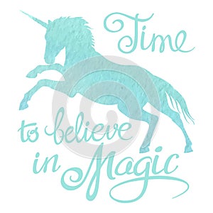 Turquoise watercolor unicorn silhouette and lettering