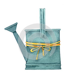 Turquoise watering can. Watercolor illustration, poster.