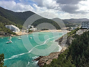 Turquoise waters of Cala Llonga bay, Mediterranean sea, Ibiza Is