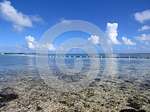 Turquoise waters of the Caribbean Sea with a line of buoys to control the access of seaweed. Algae control system in tropical