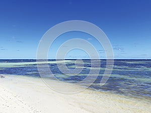 Turquoise waters of the Caribbean sea under tropical blue sky. French West Indies landscape. Paradise lagoon background