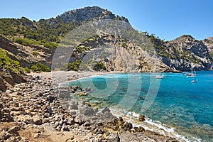 Turquoise waters in Mallorca. Coll Baix beach. Mediterranean coastline. Balearic