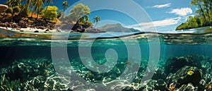 Turquoise Waters and Transparent Reef Snorkeling in the Exotic Island of Kioa in two world view with dome underwater photography