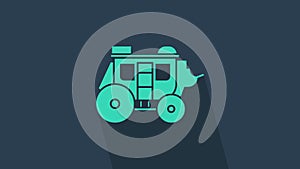 Turquoise Western stagecoach icon isolated on blue background. 4K Video motion graphic animation