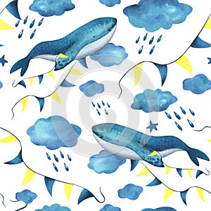 Turquoise whale in the clouds with a garland of flags among the clouds with raindrops. Watercolor illustration hand