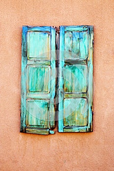 Turquoise Window Shutters Near Canyon Road in Santa Fe, New Mexico