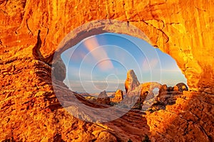 Turret arch through the North Window in Arches National Park in Utah