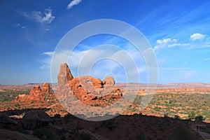 Turret Arch and Southwest Desert Landscape in Early Morning Light, Arches National Park, Utah, USA