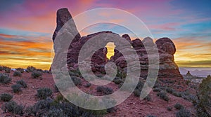 Turret Arch at sunset.Windows Loop Trail.Arches National Park.Utah.USA