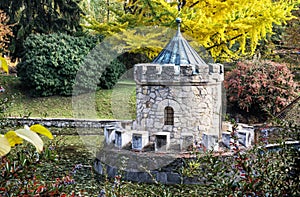 Turret in Bojnice, autumn park, seasonal colorful park scene