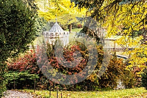 Turret in Bojnice, Slovak republic, autumn park with colorful tr