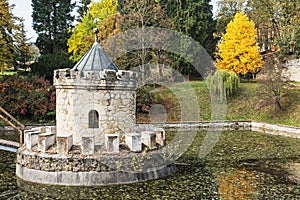 Turret in Bojnice, Slovakia, autumn park, seasonal colorful natural scene