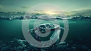 The Turtle Amid Ocean Pollution.AI generated image