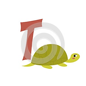 Turtle animal alphabet symbol. English letter T isolated on white background. Funny hand drawn style character. Learn