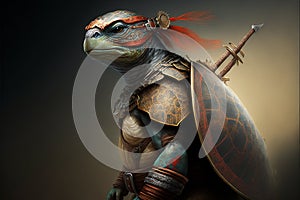 Turtle animal portrait dressed as a warrior fighter or combatant soldier concept. Ai generated