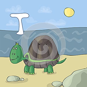 Illustrated alphabet letter T and Turtle. ABC book image vector cartoon. Turtle on the beach by the sea. Children illustrated