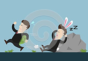 Turtle businessman is running and rabbit one is sleeping in running competition.