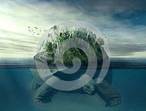 Turtle carrying island on the back swimming under the ocean surface