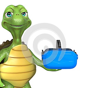 turtle cartoon is holding a vr headset