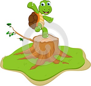Turtle cartoon on tree stump