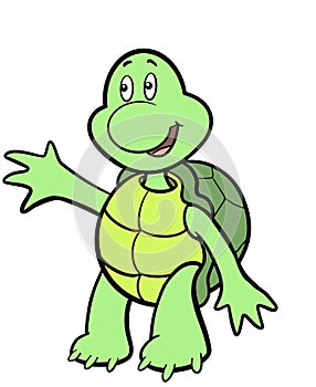 A turtle character standing upright and waiving