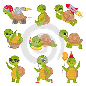 Turtle child. Cute little green turtles mascot, fast rocket tortoise and sleeping turtle vector illustration set