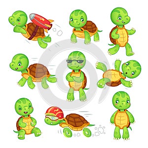 Turtle child. Running fast tortoise. Green kids turtles cartoon characters isolated vector illustration set