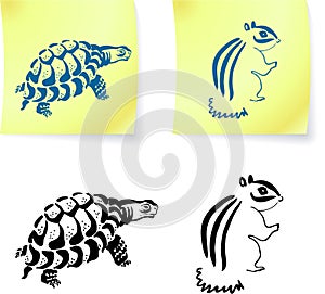 Turtle and chipmonk drawings on post it notes